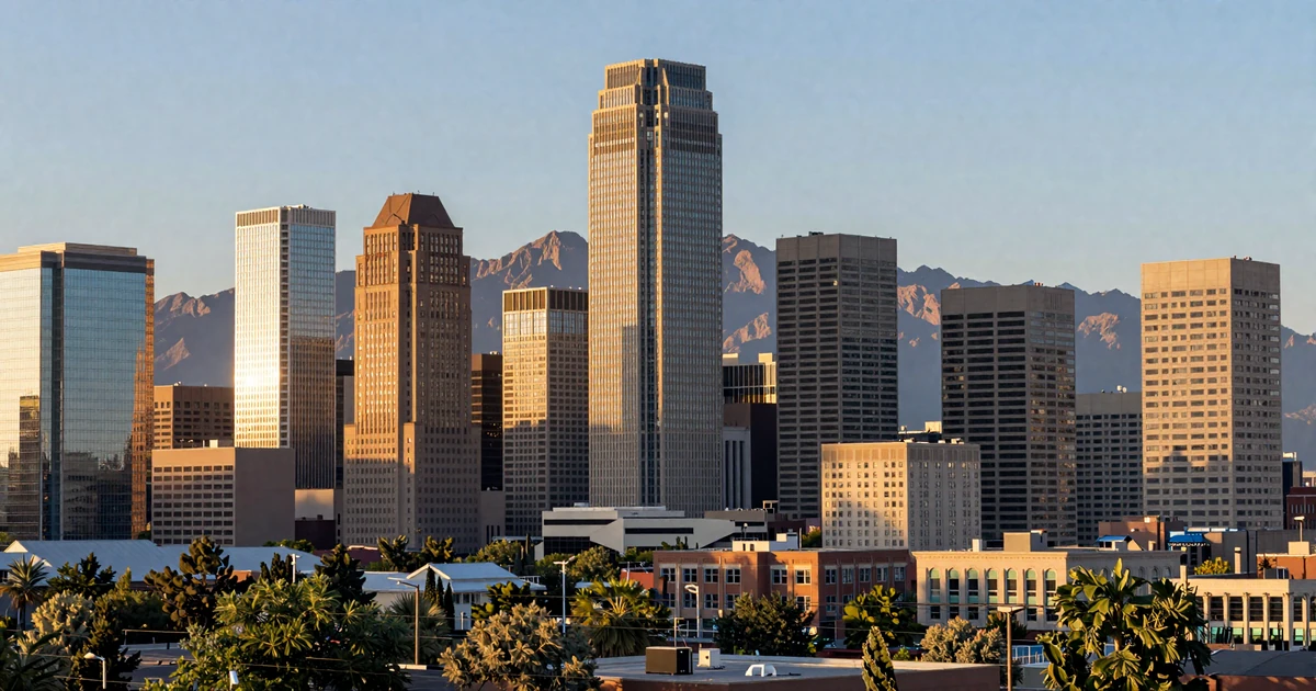 Golden hour view of the Denver skyline with the Rocky Mountains in the background