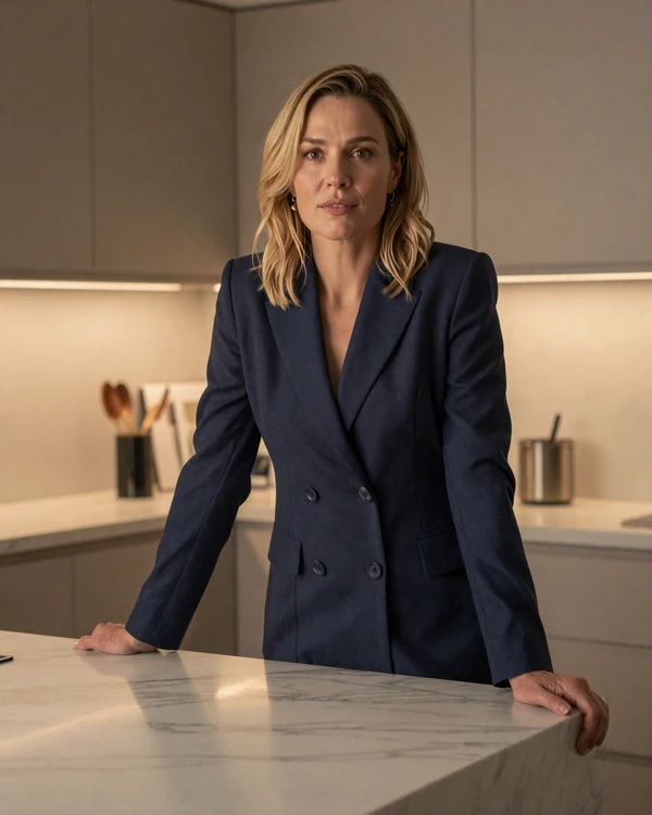 Confident older woman in a navy blazer leaning against a marble kitchen island