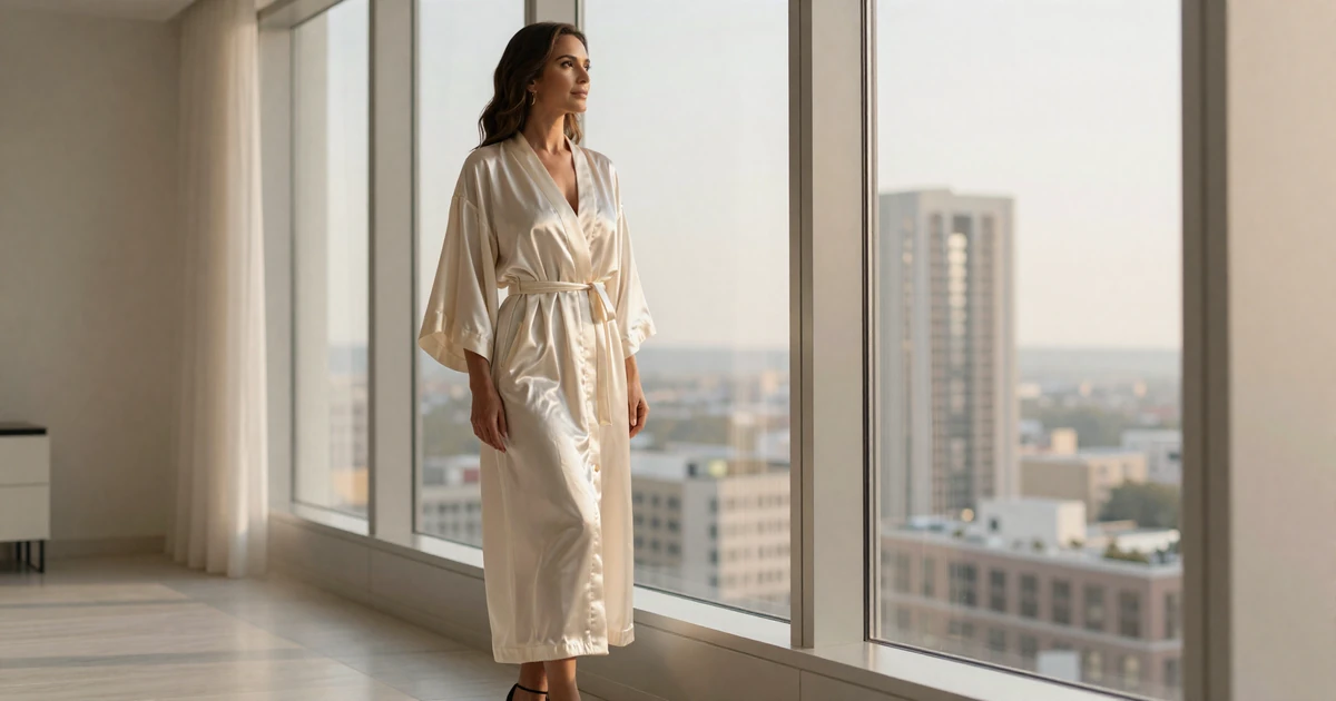 Elegant woman in a silk robe looking out a penthouse window at dawn