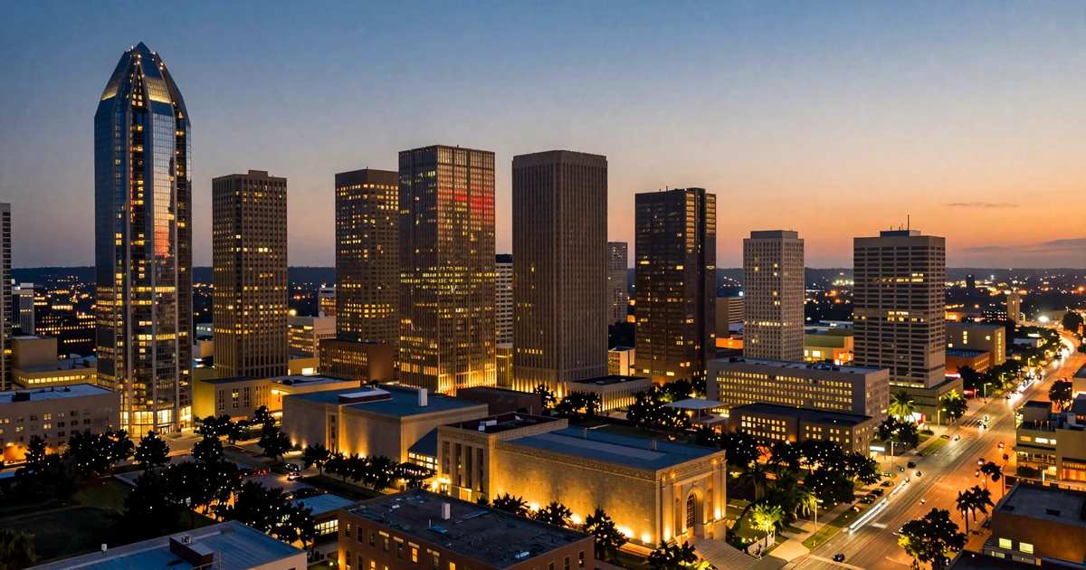 Aerial dusk view of the Houston skyline with the Galleria area illuminated