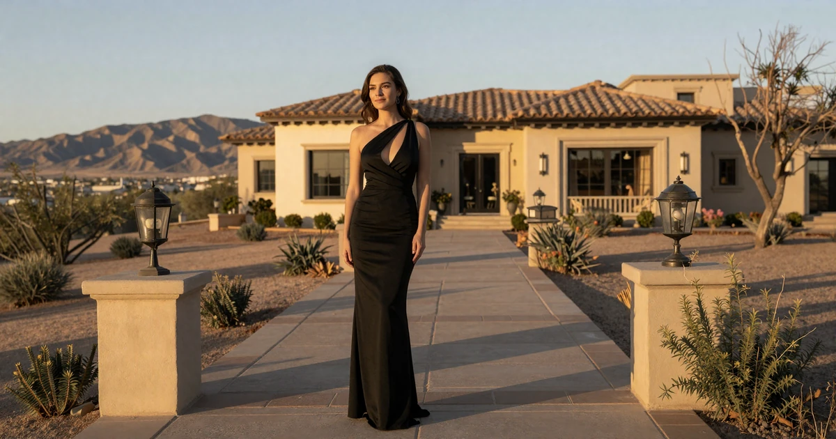 Elegant woman in a black evening gown on a Paradise Valley terrace at golden hour with desert luxury estate behind her