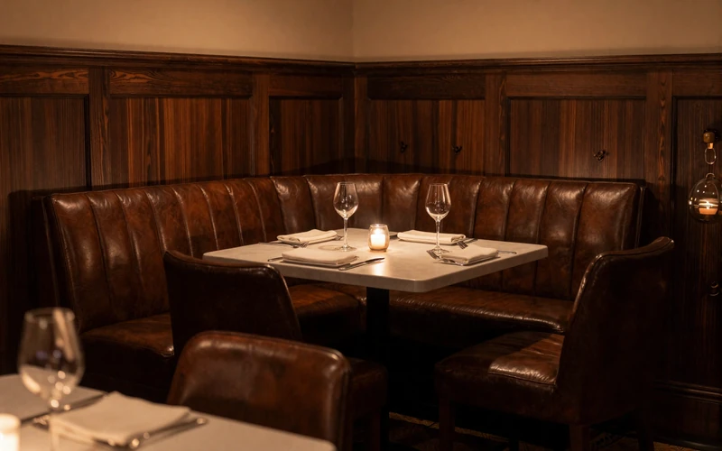 Elegant steakhouse interior with dark wood, leather banquettes, warm lighting, and a table set for two with wine