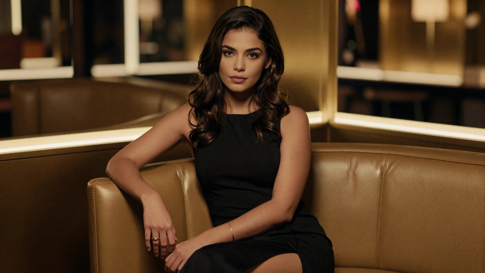 Confident woman in a tailored black dress seated in a dimly lit luxury hotel lounge, editorial portrait representing control in sugar dating