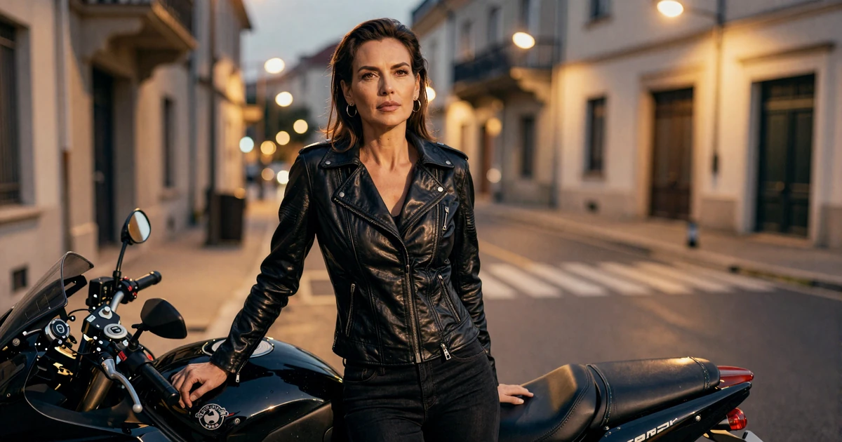 Confident mature woman in a leather jacket leaning against a motorcycle at dusk