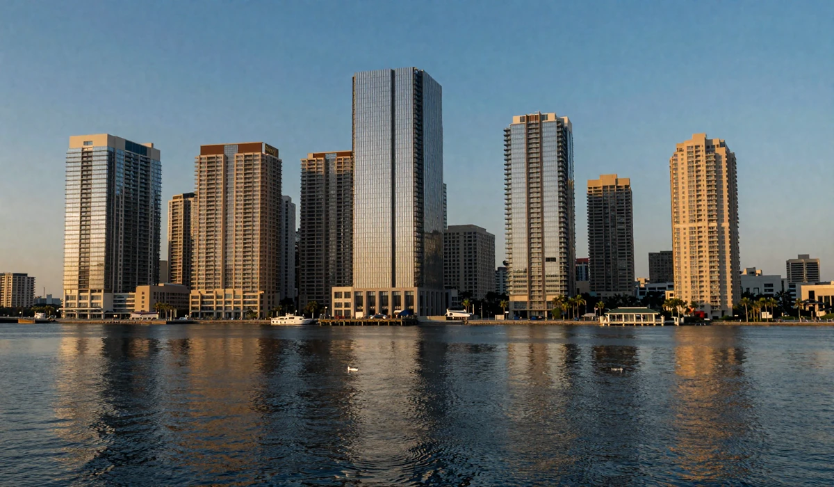 Brickell skyline at blue hour with glass towers reflecting on Biscayne Bay