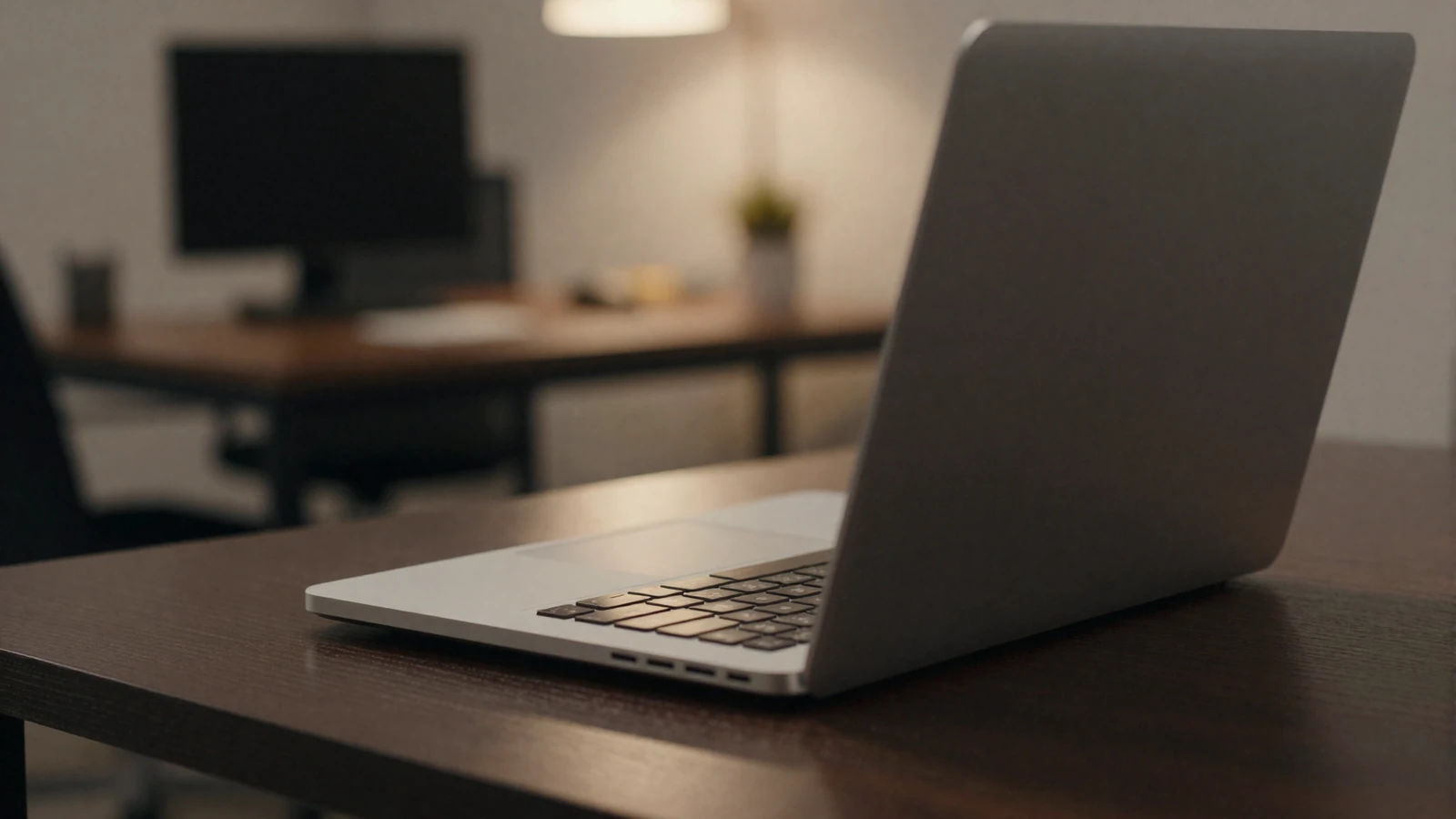 Closed laptop on a dark wooden table in a dimly lit professional office