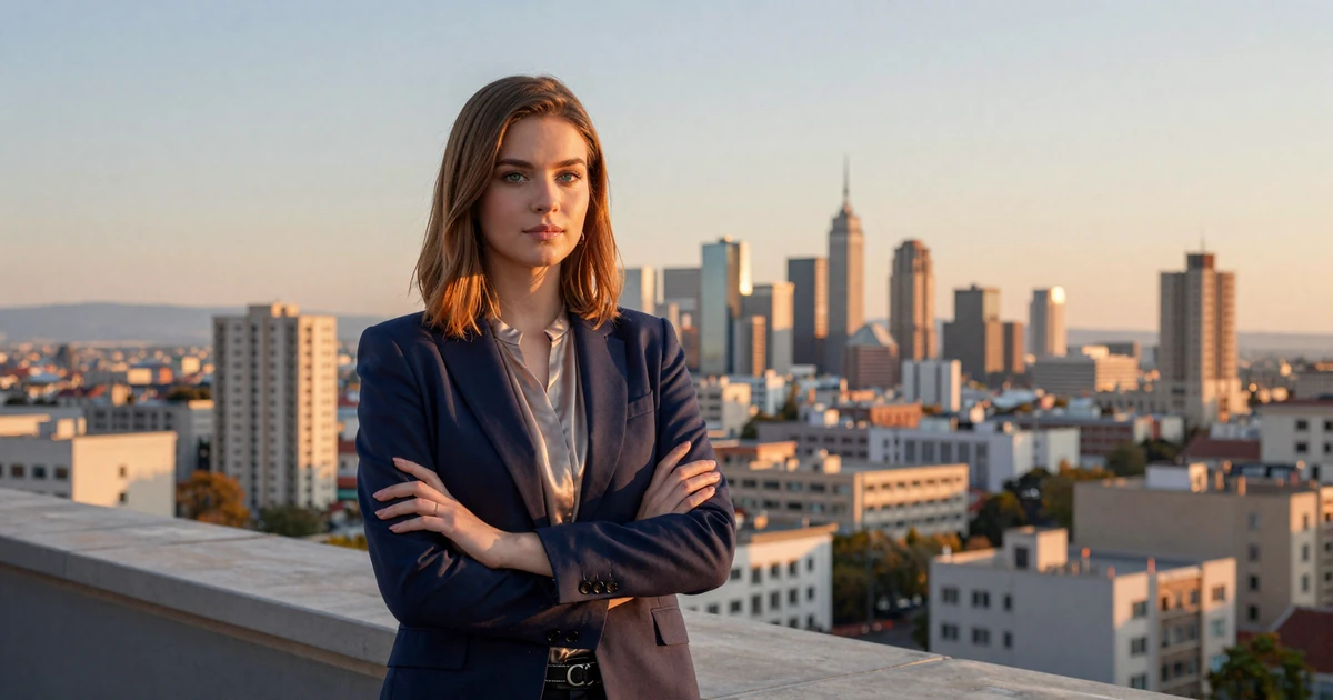 Confident young woman in a tailored blazer overlooking a city skyline at dawn