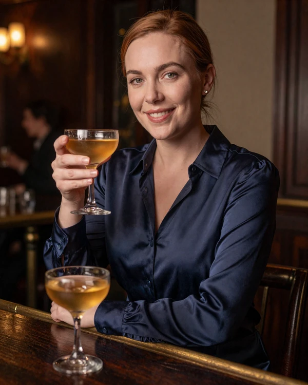 Mature woman with auburn hair sitting confidently at a speakeasy bar