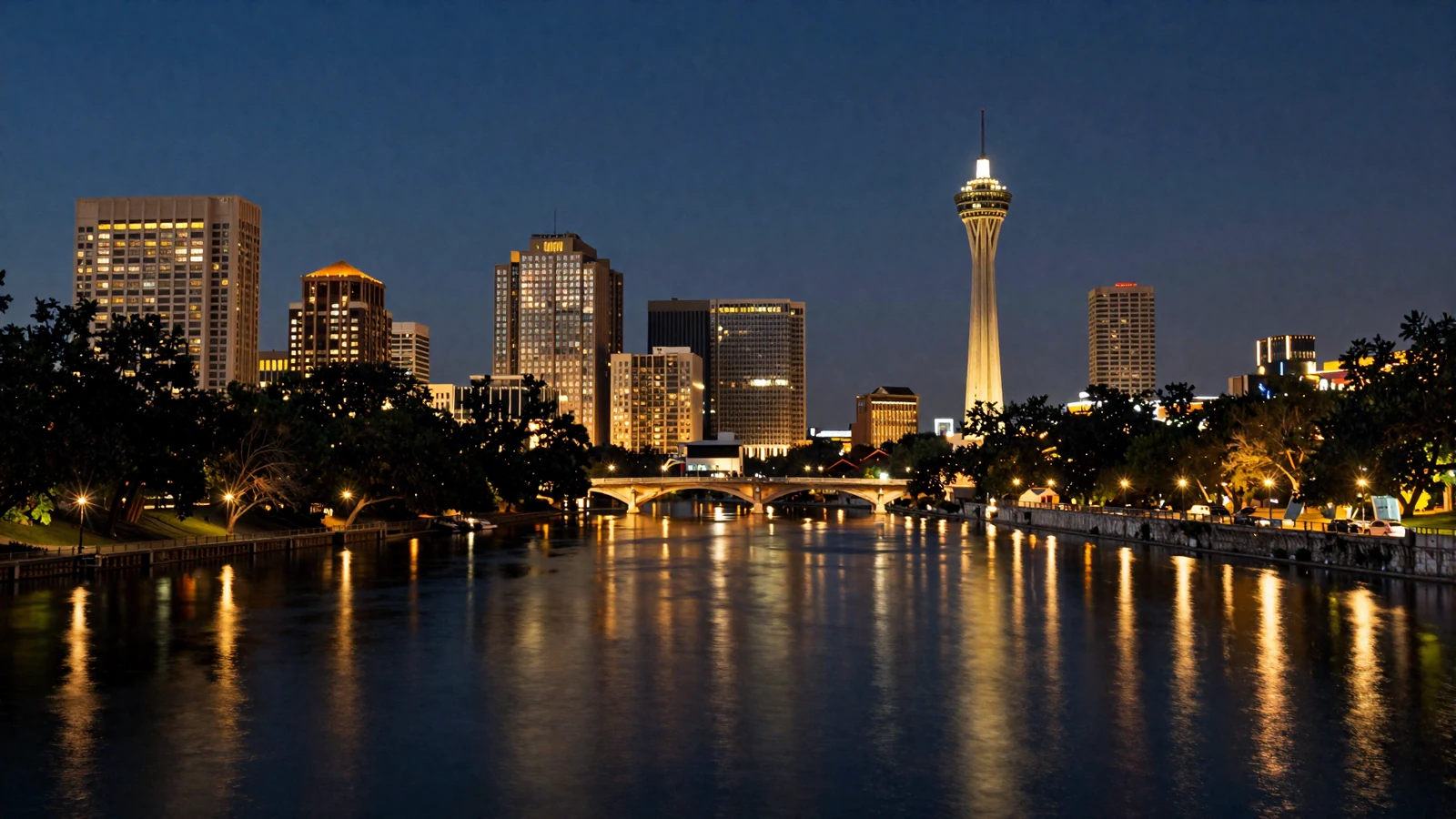 San Antonio skyline at night reflecting on the San Antonio River with the Tower of the Americas illuminated
