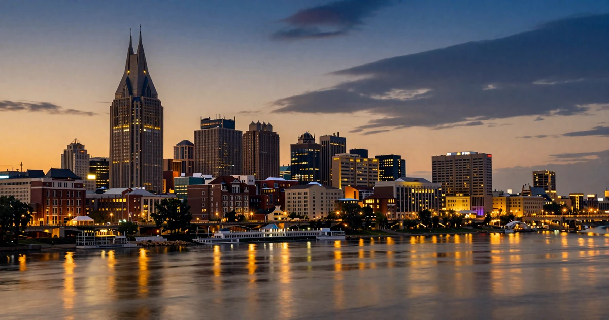 Twilight view of the Nashville skyline with the Cumberland River reflecting golden city lights
