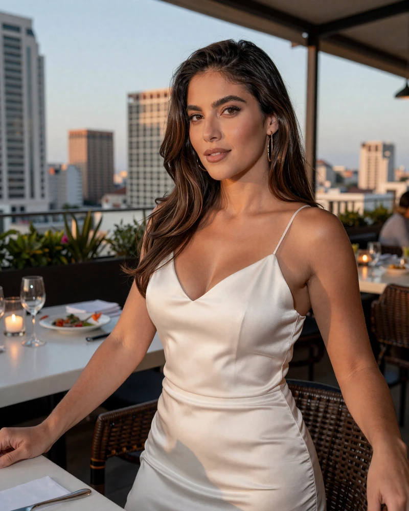 Attractive Latina woman in a white silk dress at an upscale Orlando rooftop restaurant with city view at warm evening light