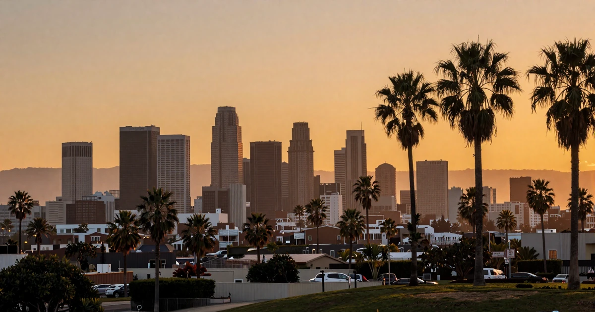 Golden sunset over the Los Angeles skyline with palm trees in silhouette