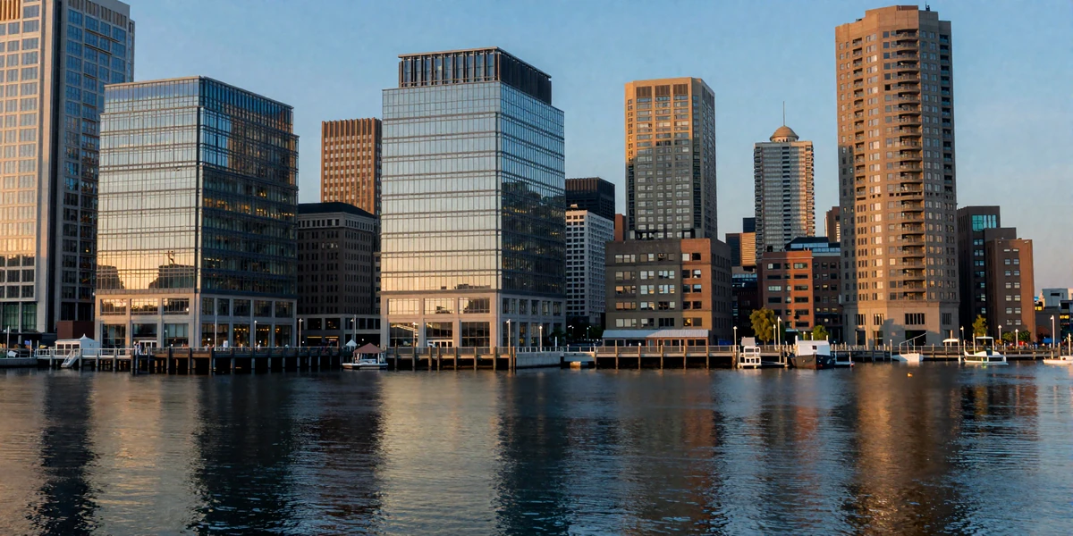 Boston Seaport District at blue hour with modern glass buildings and harbor waterfront