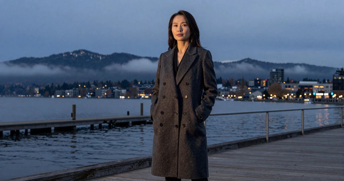Elegant woman in a charcoal designer coat on a Madison Park waterfront deck at dusk with Lake Washington and the Cascade Mountains behind