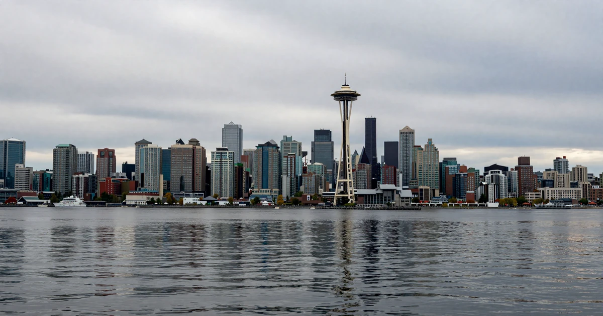 Overcast day view of the Seattle skyline with Lake Union in the foreground
