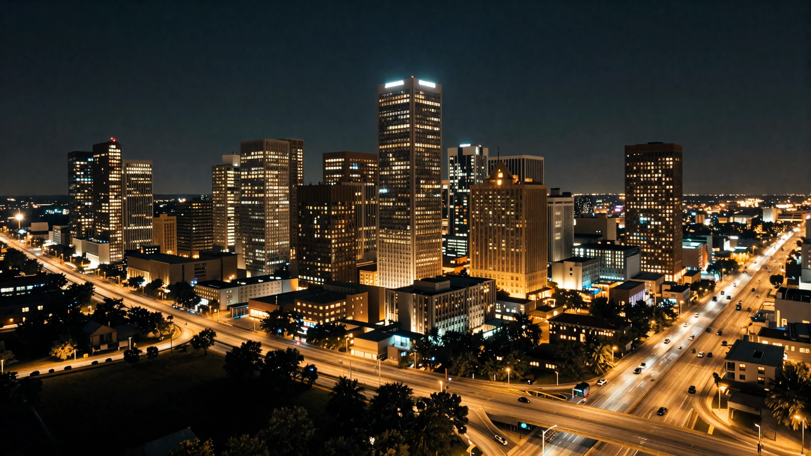 Aerial night view of the Houston skyline with illuminated highways and downtown towers