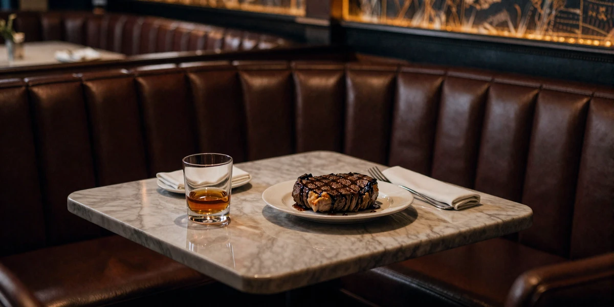Intimate table at a dark sophisticated Boston steakhouse with leather seating and warm lighting