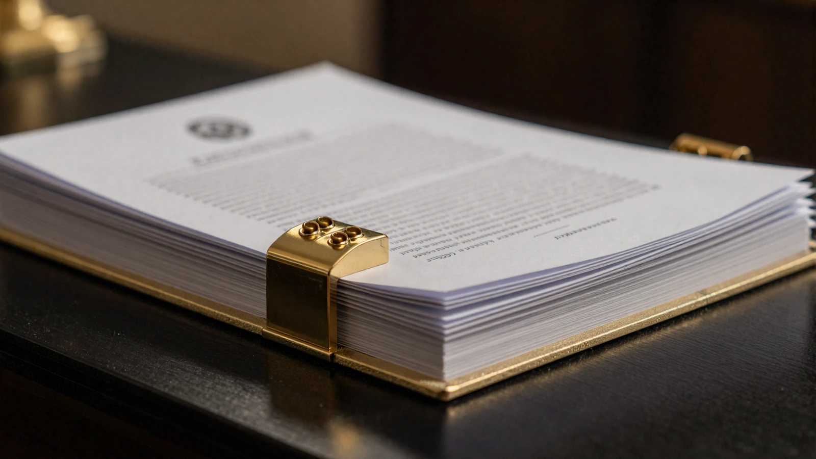 Stack of formal legal documents with a gold paperweight on a polished black desk