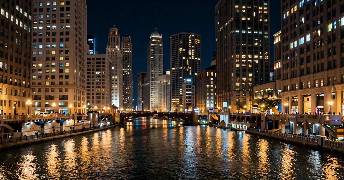 Night view of the Chicago River with illuminated skyscrapers reflecting golden light on the water