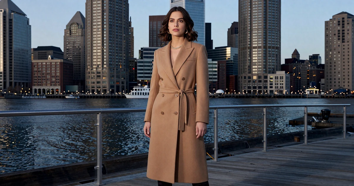Elegant brunette woman in a camel coat on a Seaport Boulevard terrace at dusk with the Boston harbor skyline behind her