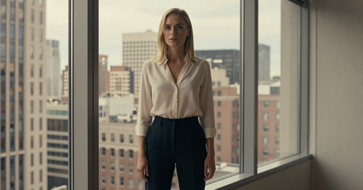 Elegant blonde woman in business-casual attire standing by a floor-to-ceiling window overlooking a city skyline, representing the decision between mentorship and companionship in sugar dating