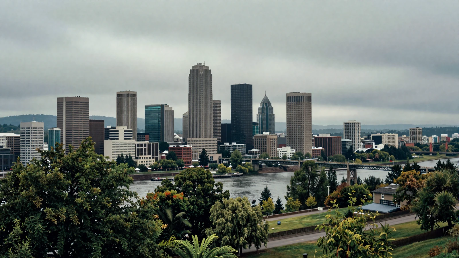 Overcast Portland skyline viewed from the West Hills with the Willamette River bridges