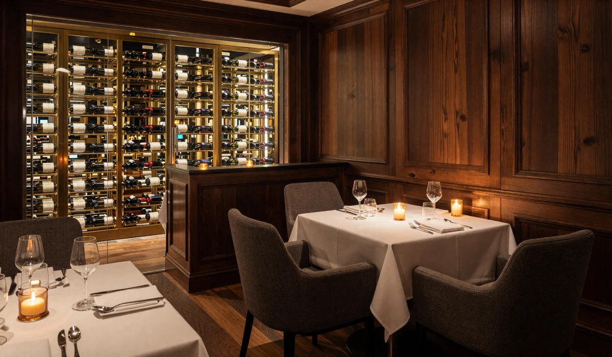 Elegant steakhouse interior with dark wood paneling, wine cellar, and an intimate candlelit table for two