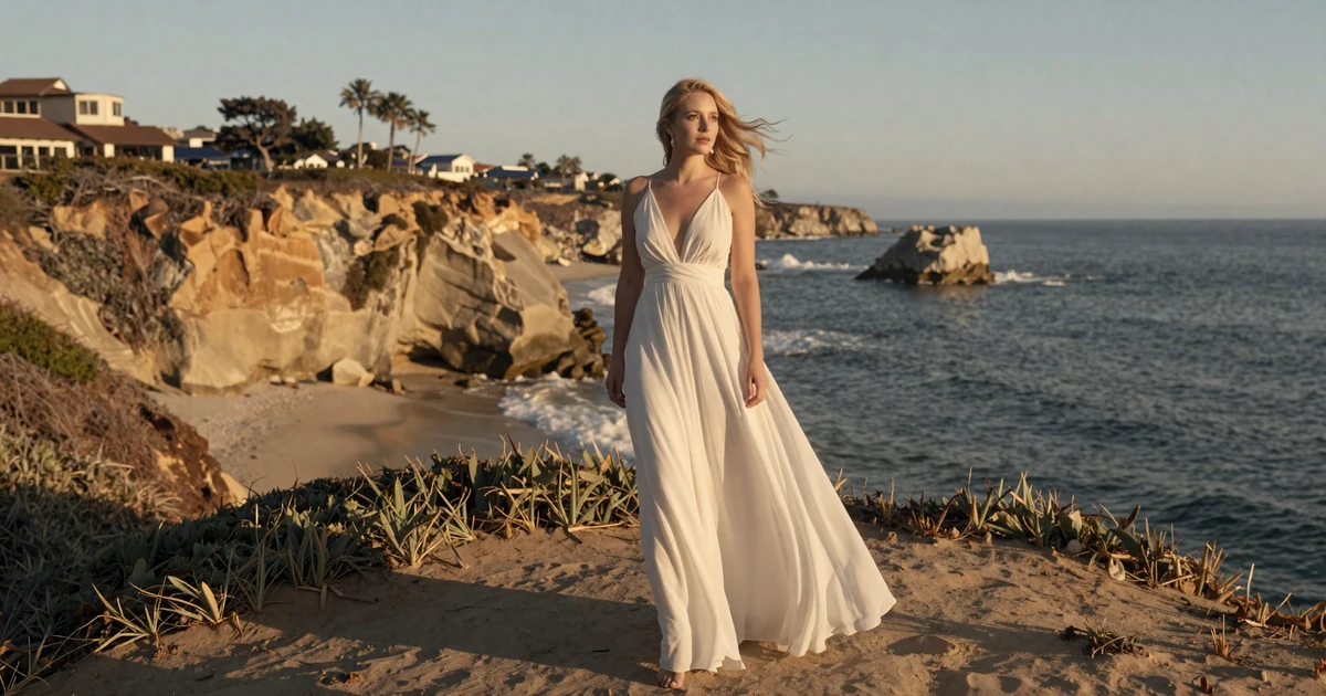 Elegant blonde woman in a flowing white dress on a La Jolla coastal bluff at golden hour with the Pacific Ocean behind her