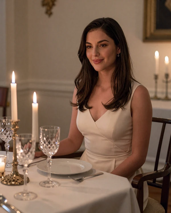 Attractive brunette woman in a cream dress at a fine dining table with candlelight in Orlando