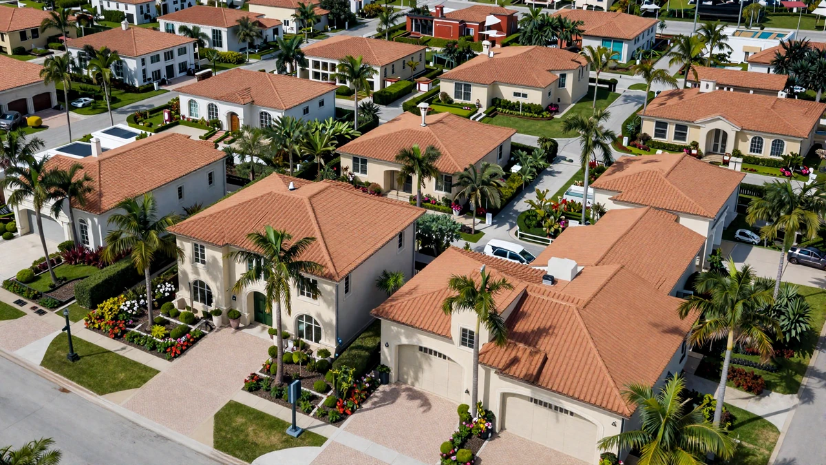 Aerial view of Golden Oak luxury community in Orlando with Mediterranean-style mansions and palm-lined streets