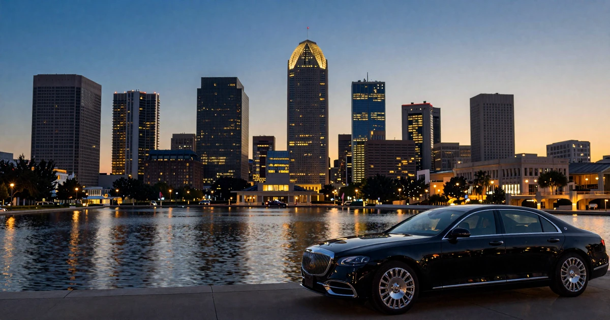 Twilight skyline of Dallas with illuminated skyscrapers and a luxury car in the foreground