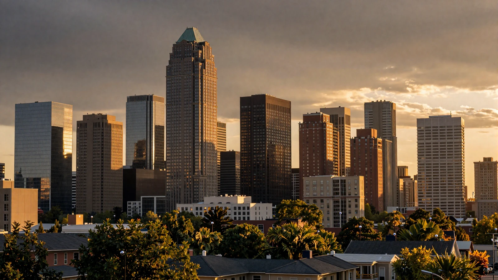 Golden hour view of the Denver skyline with the Rocky Mountains in the background