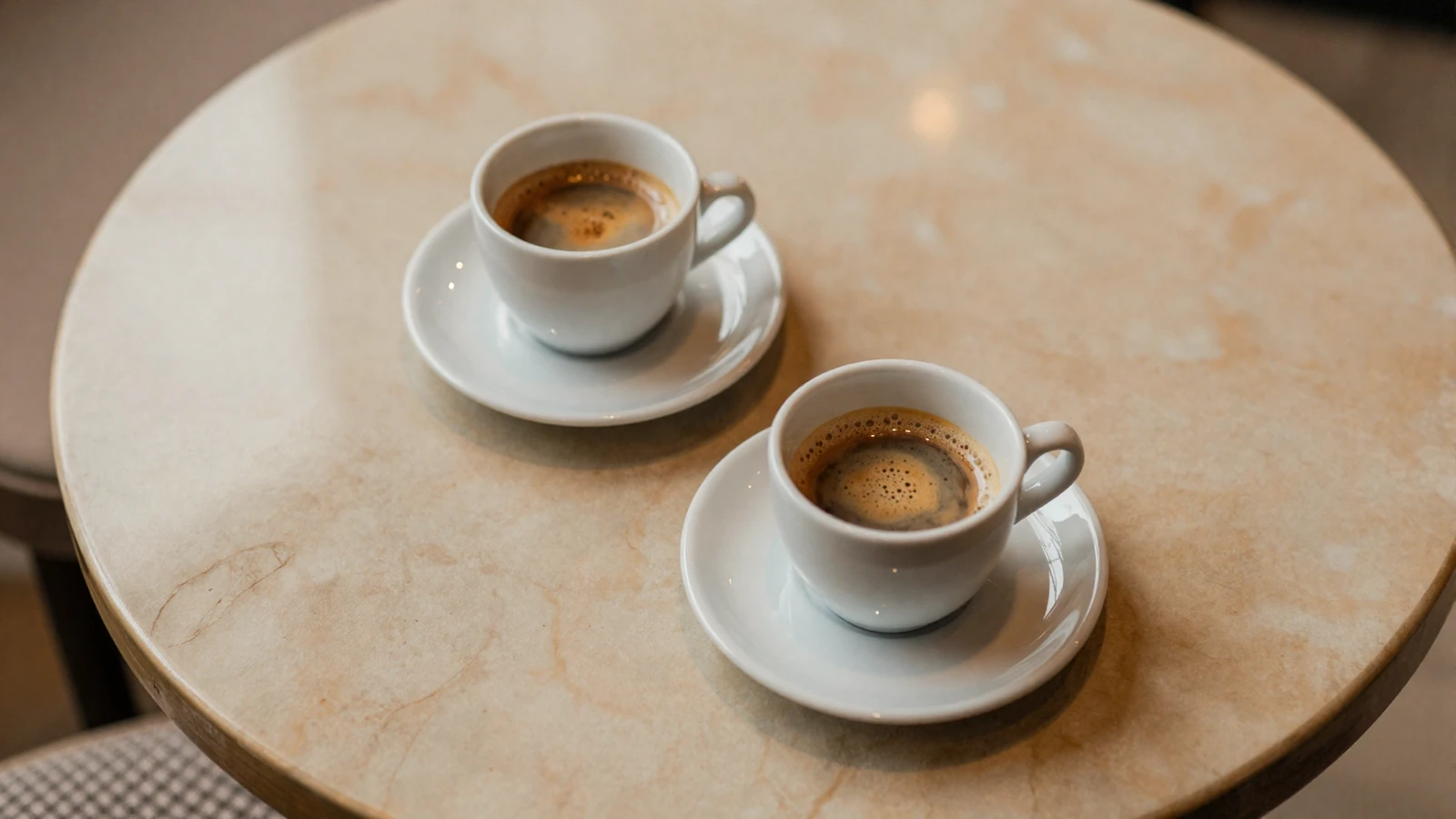 Two espresso cups on a marble table in a luxury cafe, editorial overhead shot representing a first meeting between sugar dating partners