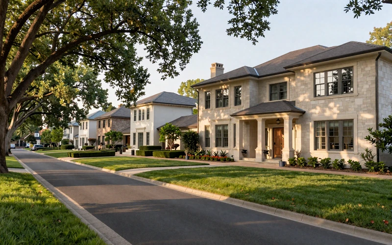Tree-lined Highland Park residential street with luxury estates and manicured lawns in warm afternoon light