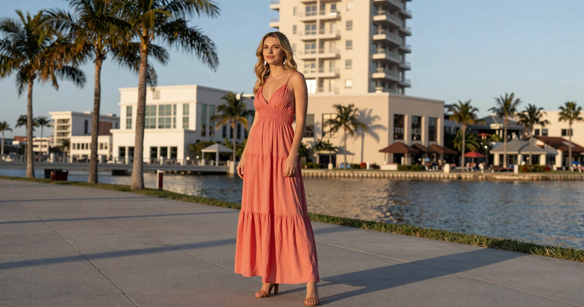 Elegant blonde woman in a coral sundress on a Lake Nona boardwalk at golden hour with palm trees and modern Orlando architecture