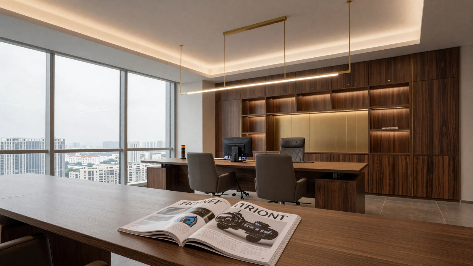 Modern luxury office interior with dark furniture and gold accent lighting