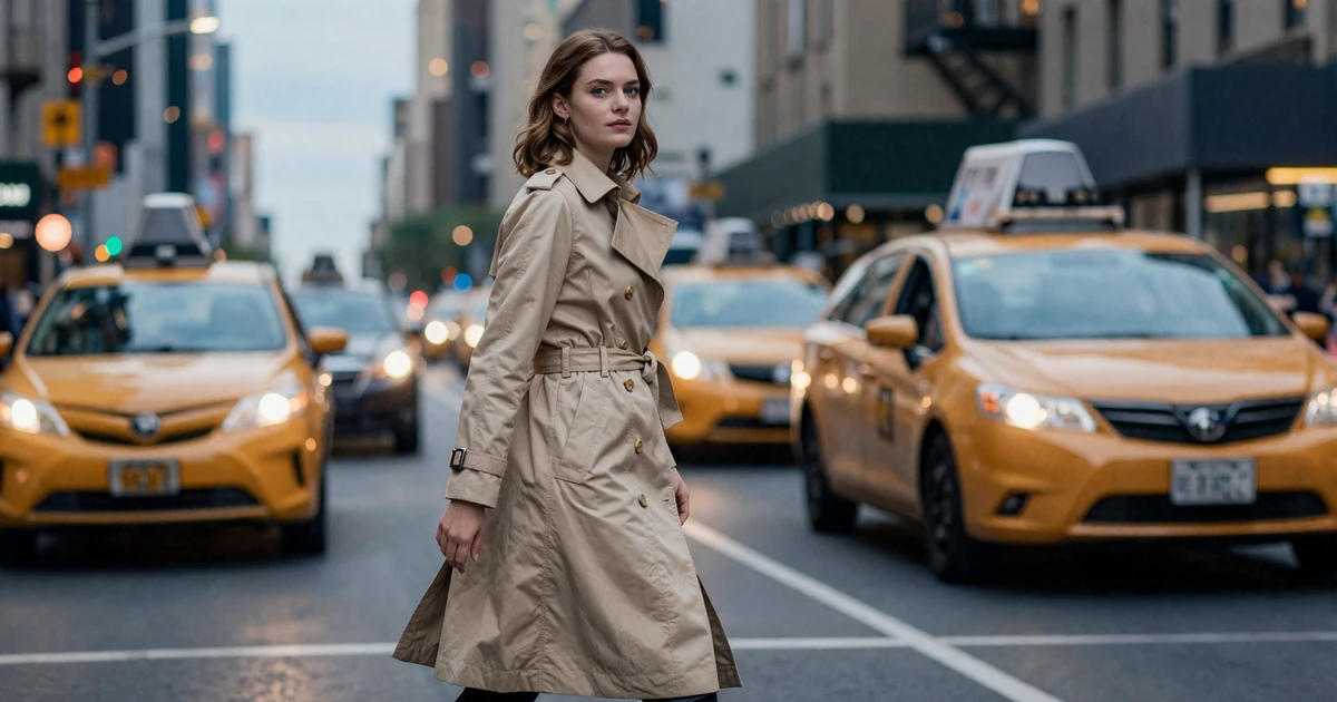 Elegant woman in a trench coat crossing a Manhattan street at dusk with city lights behind her