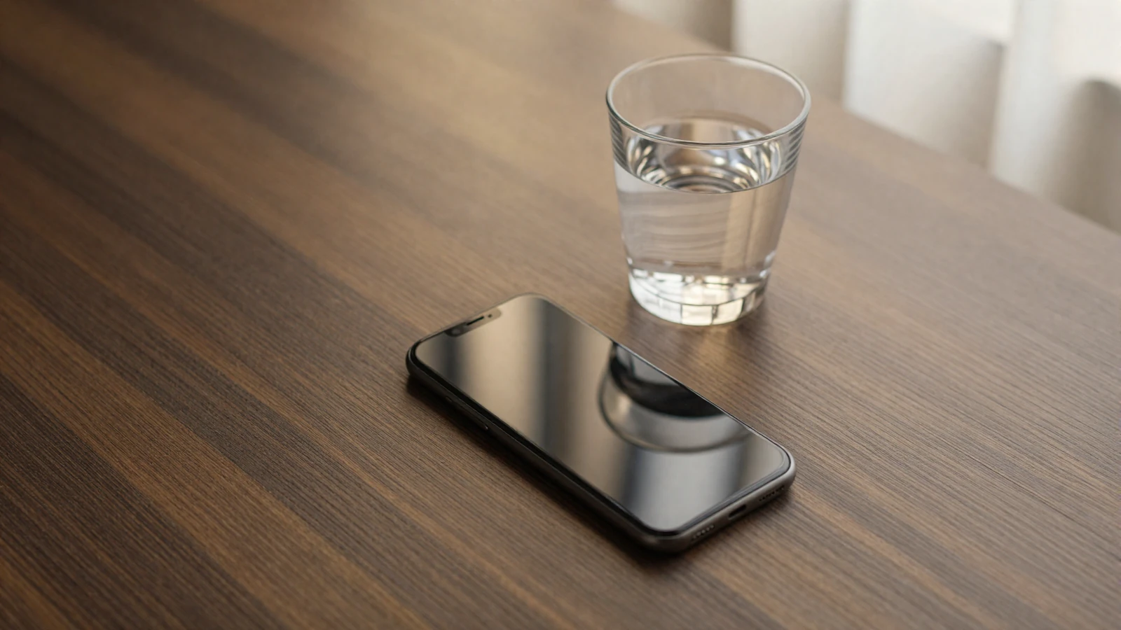 Minimalist desk with a phone and glass of water in soft lighting, representing discreet customer support