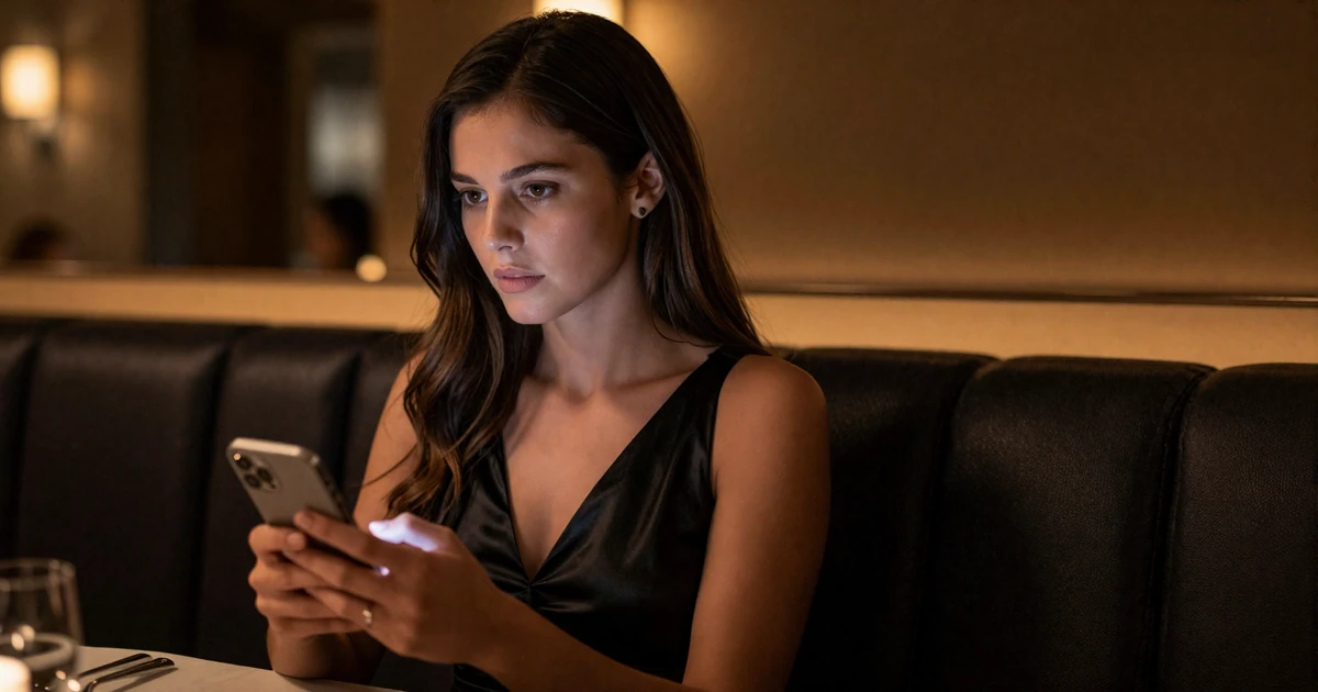 Discreet woman holding a smartphone in a dark upscale restaurant, illustrating privacy concerns in luxury online dating