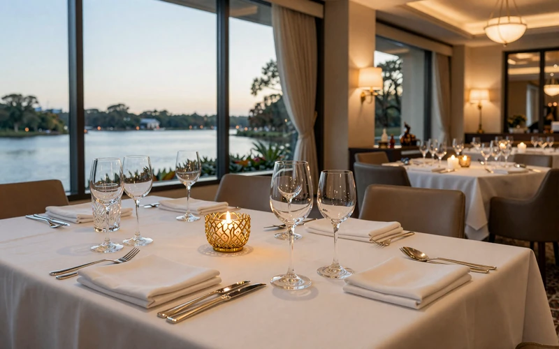 Elegant fine dining table setting at a luxury Orlando resort hotel with lake view through floor-to-ceiling windows