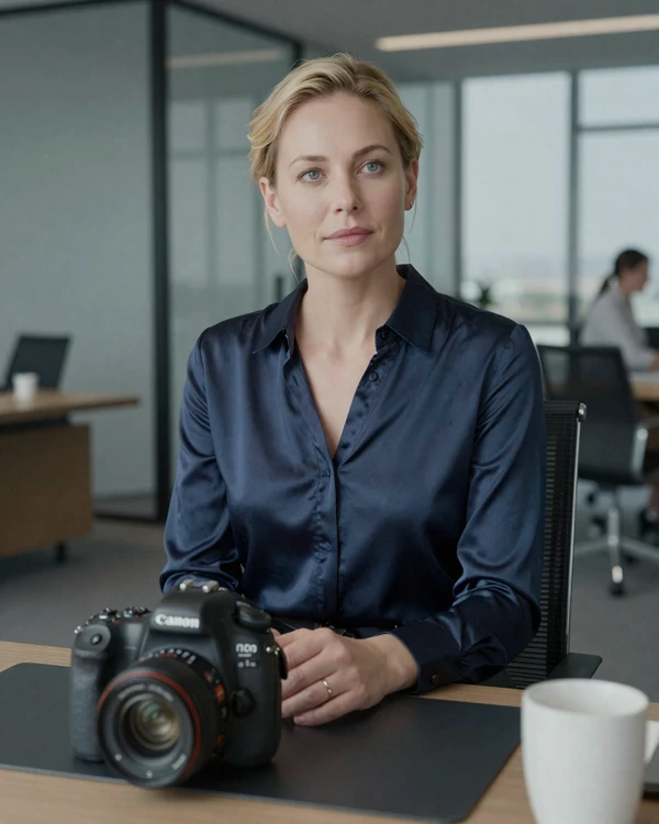 Sophisticated woman in a navy silk blouse at a modern executive desk