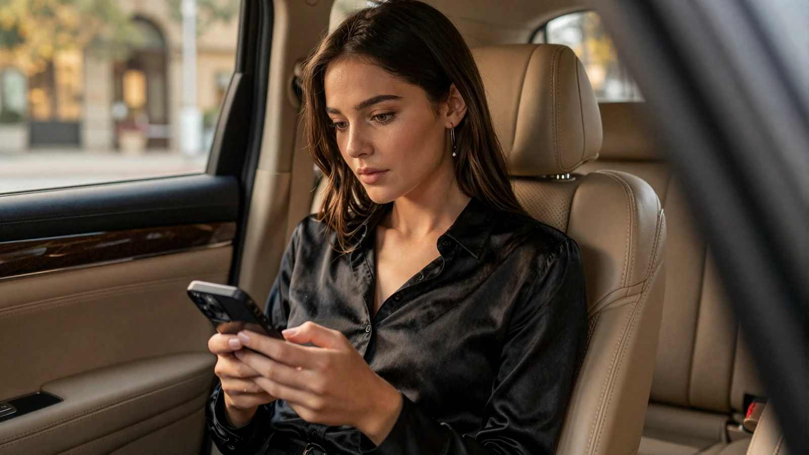Elegant woman checking her smartphone in the back of a luxury car, soft golden interior lighting