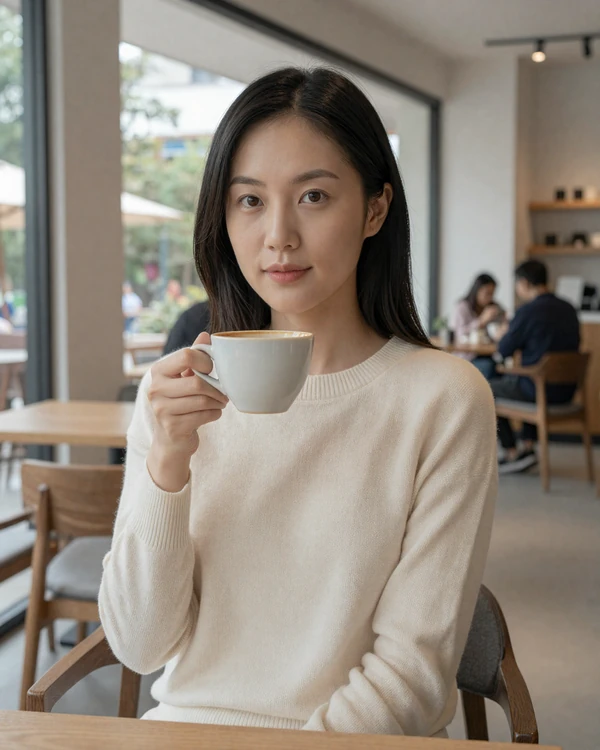 Young woman with straight black hair sitting in a modern minimalist cafe