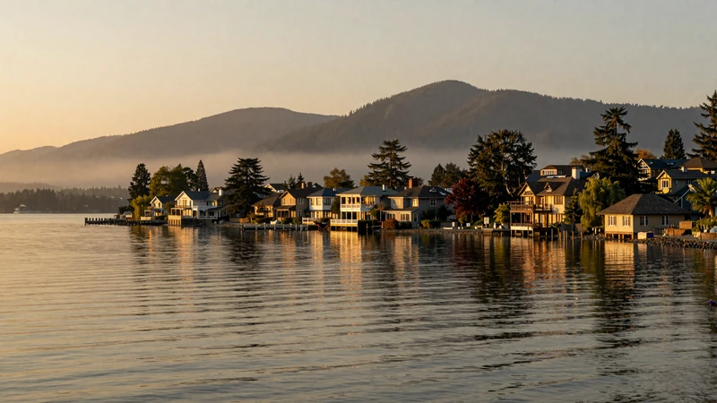 Lake Washington at sunset with Medina lakefront estates along the shore and Cascade Mountains reflected in the water