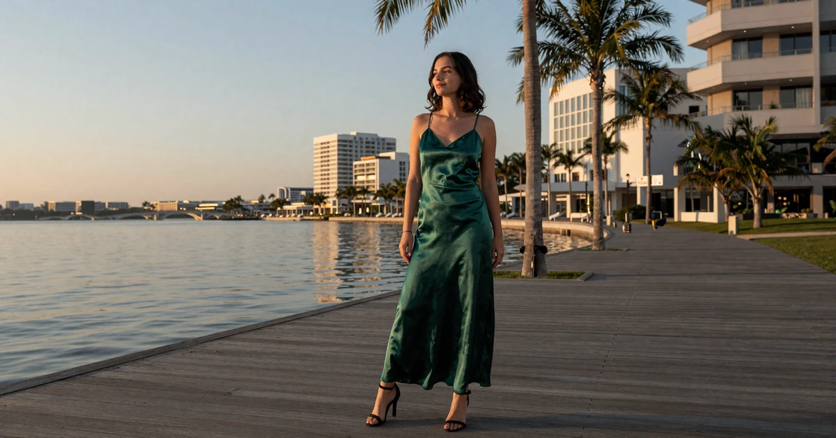 Elegant woman in a deep green silk dress on a Lake Nona waterfront boardwalk at twilight with palm trees and modern architecture